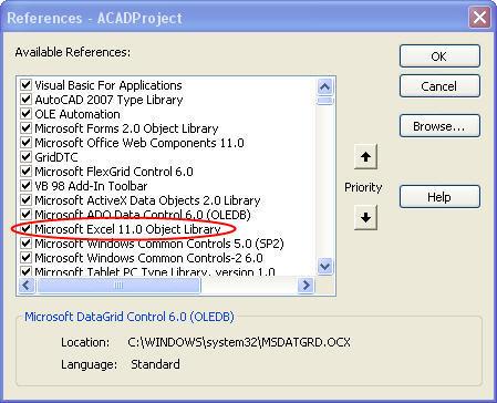 61 AcadProject penceresi gelir (Şekil 6.10). Bu pencerede Microsoft Excel 11.0 Library yanındaki kutucuk seçilerek bağlantının yapılması sağlanır [21].