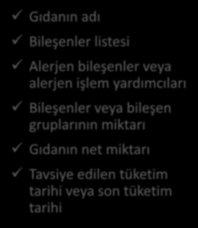 ZORUNLU BİLGİLER Gıdanın adı Bileşenler listesi Alerjen bileşenler