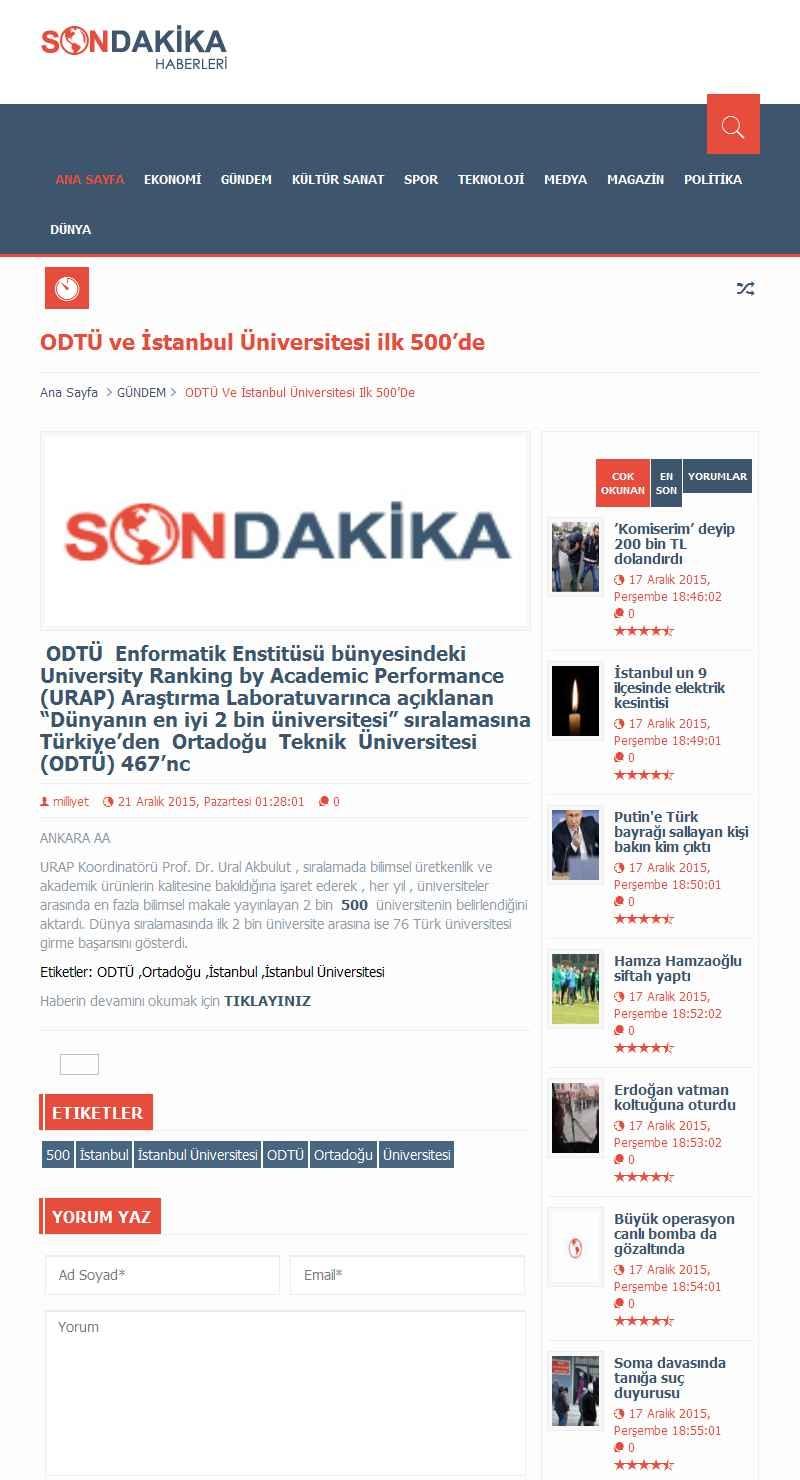 Portal Adres ODTÜ VE ISTANBUL ÜNIVERSITESI ILK 500 DE : www.sondakikahaberleri.info.