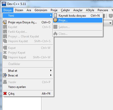 Dev-C++ açılınca menüden File New Project seçin. 3.