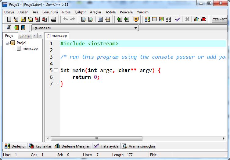 5. Projeyi oluşturunca main.cpp adlı bir..cpp dosyası oluşacaktır.
