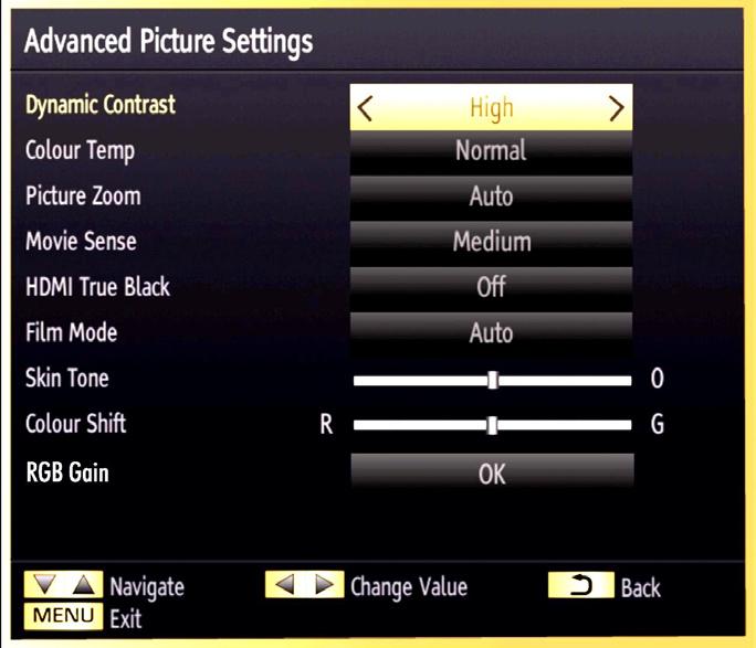 Brightness: Sets the brightness value for the screen. Sharpness: Sets the sharpness value for the objects displayed on the screen. Colour: Sets the colour value, adjusting the colors.