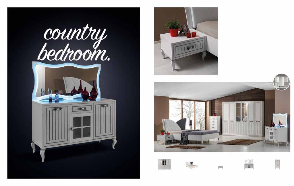 Country. Yatak Odası / Bedroom Set Country Yatak Odası Takımı soft beyaz rengi, detaylarındaki ince işleme ve uygulamalarla, özel tasarım kulpları ile dikkatleri üzerine çekiyor.