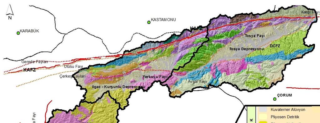 Depresyon kuzeyinde K70D yönlü uzanan KAF, Özboyu köyü yakınlarında K90D yönüne kırılarak güneyden gelen Tosya Fayı ile birleşmektedir (Dhont vd., 1998).