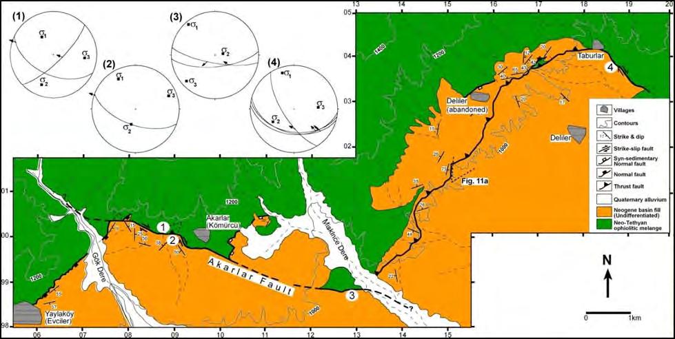 Akarlar sismik yansıma kesit hattı Şekil 6.2: Akarlar çevresinin jeoloji haritası (SEYİTOĞLU vd., 2009 dan alınmıştır). Akarlar sismik yansıma kesit hattının konumu kırmızı çizgi ile gösterilmiştir.