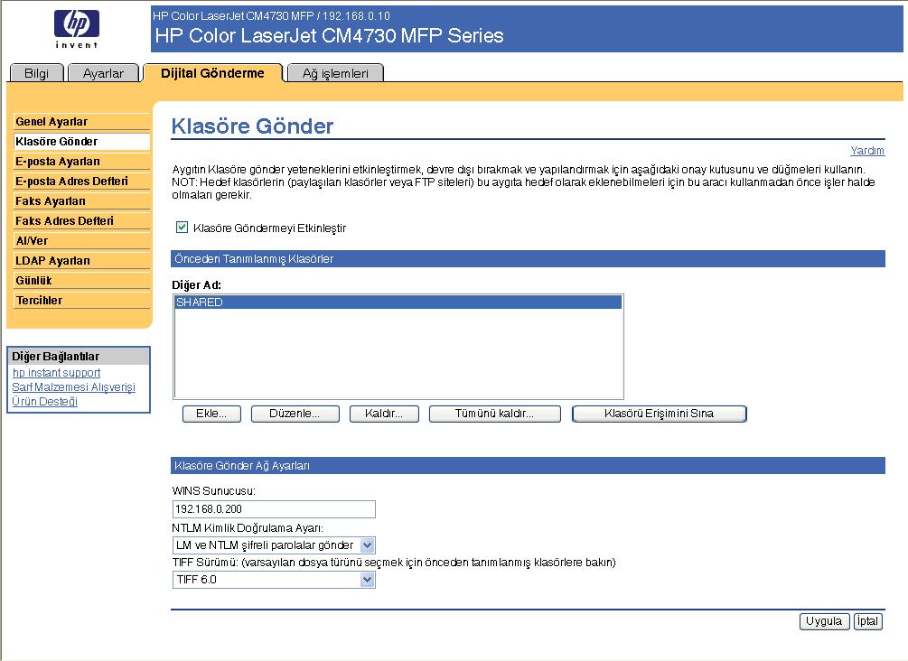 Klasöre Gönder Klasöre Gönder ekranını taranmış belgeleri paylaşılan klasörlere veya FTP sitelerine göndermek için kullanın.