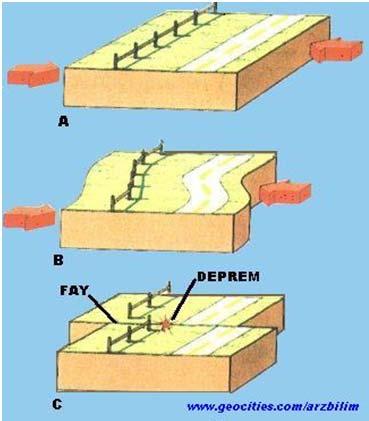 64 Planda deprem hareketinin oluşması Fay hareketi ile deprem hareketinin oluşması A) İki yönden sıkıştırılan kaya B) Bu kuvvet altında kayanın zamanla şekil değiştirmesi Fay yüzeyi Fay yüzeyi C)