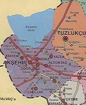 Harita (2) Akşehir İlçesi nin Türkiye ve Konya İli İçindeki Konumu İlçenin 8 km. kuzeyinde, Sultan Dağları ile Emir Dağı arasındaki çöküntü alanın içerisinde Akşehir Gölü yer almaktadır.