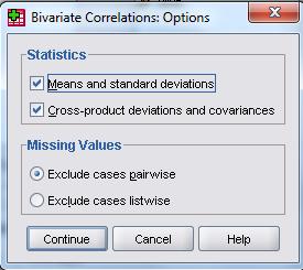 Options menüsünde ortalama ve standart sapma gibi betimleyici istatistiklerin yanında kovaryans istatistiği de elde edebiliriz.