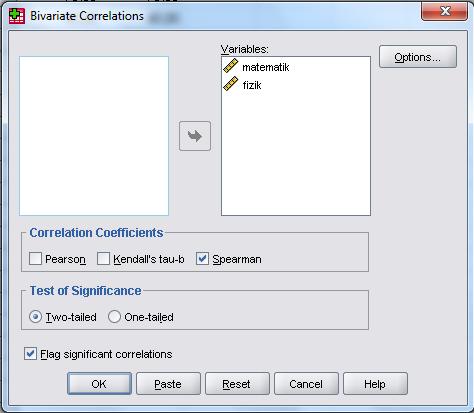 SPSS te Spearman korelasyonu Pearson korelasyonu ile aynı menüde yer almaktadır.