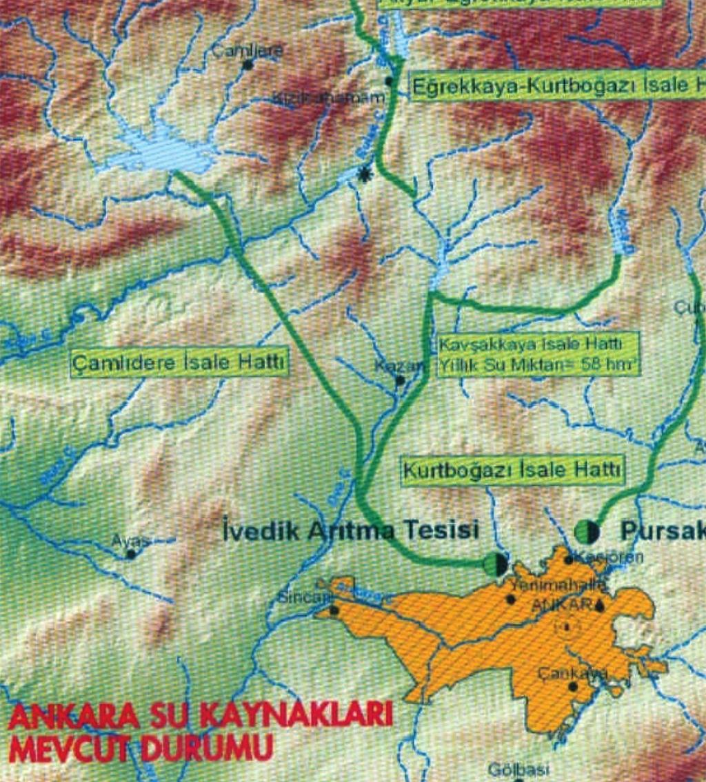 40. Dönem 64 Ankara daki Su Sıkıntısına Çözüm Önerileri Bu haritada Ankara ya içme suyu sağlayan mevcut baraj ve iletim sistemleri ve su arıtma sistemleri verilmektedir.