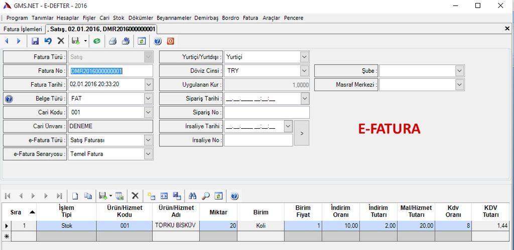 ALICININ EFATURA MÜKELLEFİ OLUP OLMADIĞI ÇIKIYOR. EFATURA TÜRÜNÜ SEÇİYORUZ (SATIŞ FATURASI TEVKİFATLI FATURA VS.