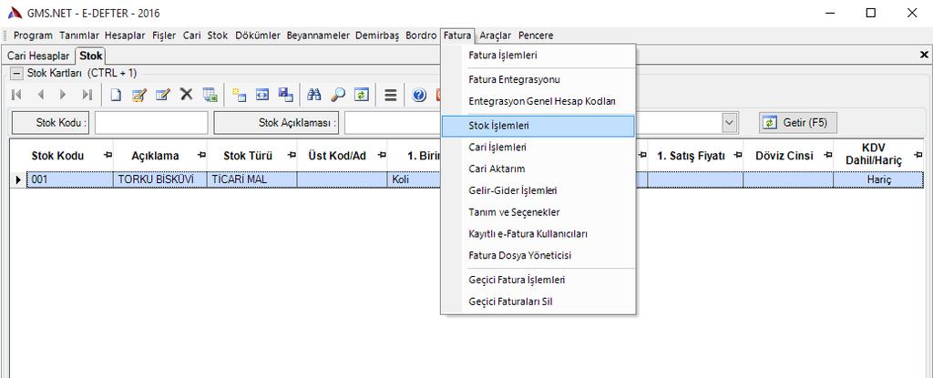 FATURA STOK İŞLEMLERİ FATURADAKİ MAL VE HİZMETLERİN STOK KODLARI TANIMLANMIŞ OLMALIDIR.