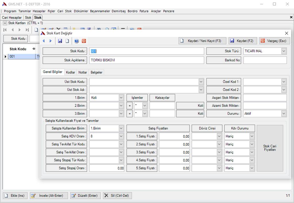 BİR STOK KALEMİ İLK DEFA FATURADA YER ALACAKSA, FATURA KESMEDEN ÖNCE YENİ STOK KARTI TANIMI YAPILMALIDIR.