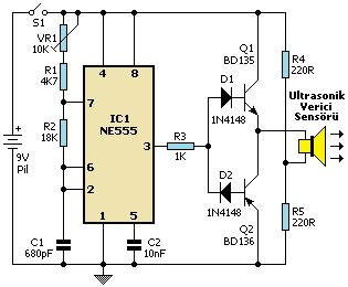 39 Ultrasonik Sensör Uygulama Devreleri - I Şekilde, NE555 multivibratör entegresi ile yapılmış, ultrasonik verici osilatörü olarak çalışan devre şeması görülmektedir.