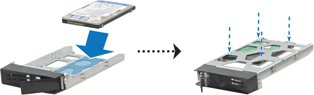 2,5 Sabit Disk için: Sabit diski sabit sürücü tepsisinin mavi alanına (aşağıda gösterilen) yerleştirin, tepsiyi başaşağı çevirin ve sabit diski tespit etmek için vidaları sıkın.