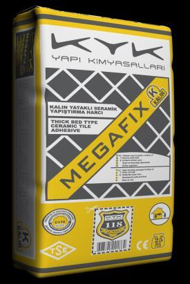 MegaFix K Çimento esaslı, kalın yataklı, seramik yapıştırma harcı TS EN 12004 CE ÜRÜN TANIMI Kayma özelliği azaltılmış, açık bekletme süresi uzatılmış, çimento esaslı, bozuk zeminler için kalın