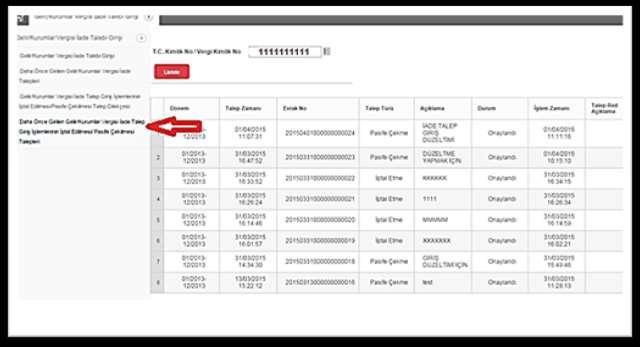 4.2.Daha Önce Girilen Gelir/Kurumlar Vergisi İade Talep Giriş İşlemlerinin İptal Edilmesi/Pasife Çekilmesi Talepleri