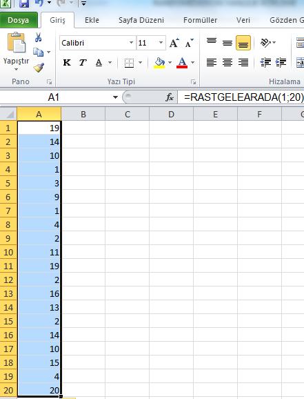 BLOK RASTGELELEŞTİRME Excel de RASTGELEARADA komutu kullanılarak 1 ile 20 arasında 5 tane sayı üretilmiş (30
