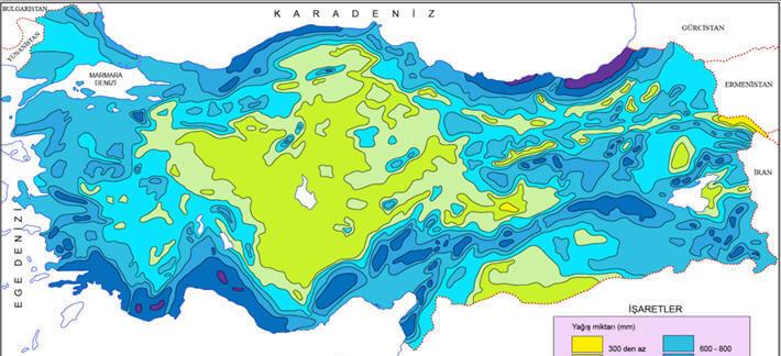 Türkiye de ortalama yağış miktarları Doğu Karadeniz bölgesi: 1500-2000 mm/yıl Batı Karadeniz: 1000 mm/yıl; Güney Toroslar: 1000 mm/yıl Çukurova: 600-800 mm/yıl; Orta Anadolu: 300-400 mm/yıl Kil: