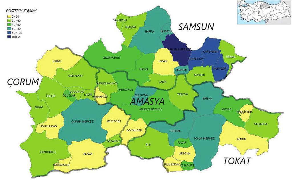 2.SOSYAL YAPI Bölgede nüfus yoğunluğu en fazla olan il km² ye 138 kişi ile Samsun olup bölgede Türkiye ortalamasının üstündeki tek ildir. Samsun u ise sırasıyla Tokat ve Amasya izlemektedir.