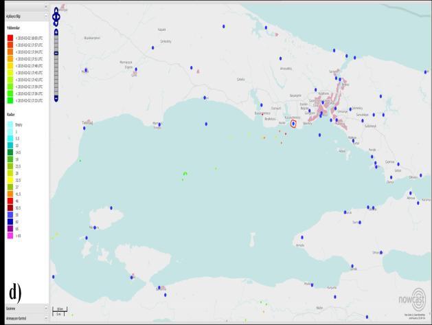 Şekil 6: Marmara Denizi nde şimşek gözlemleri a) 16:00 UTC 16:30 UTC b) 16:30 UTC 17:00 UTC c) 17:00 UTC 17:30 UTC d) 17:30 UTC 18:00 UTC. 4.