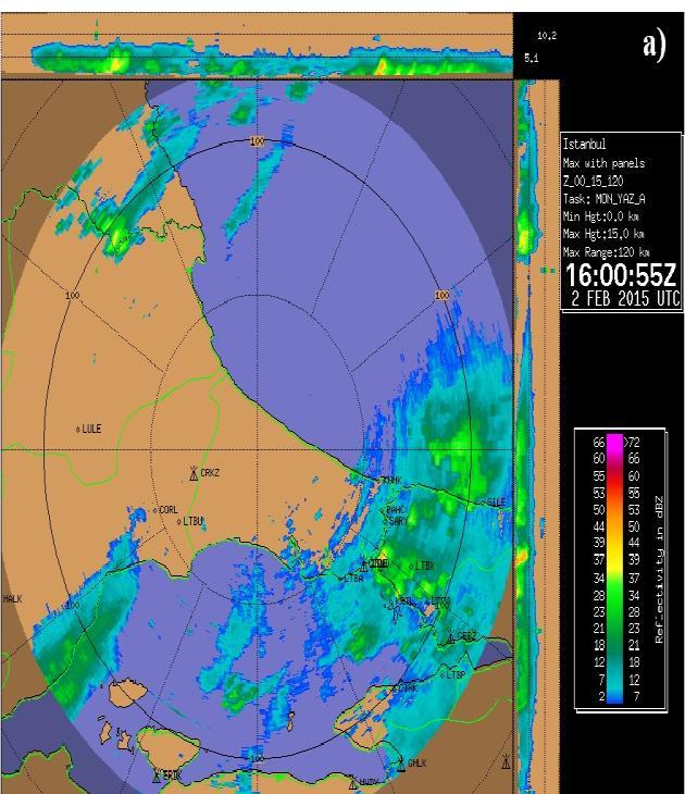 3.5. Nowcasting 3.5.1. Radar Görüntüleri MGM den elde edilen 2 Şubat 2015 tarihine ait 16:00 UTC ile 19:23 UTC arasındaki İstanbul Radarı nın Max görüntüleri Şekil 4 de gösterilmiştir.