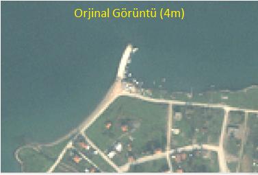 PCA yöntemi ile oluşturulan 1m çözünürlüklü görüntüler ile 4m çözünürlüklü orijinal görüntüler Şekil 7 ve 8 de verilmiştir. Şekil 7. Orijinal görüntü ve PCA yöntemiyle keskinleştirilen görüntü (IKONOS 2003).