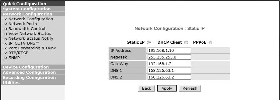 Para IP estática, seleccione static IP y los valores de entrada para dirección