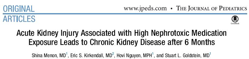 J Pediatr 2014;165:522-7 Yüksek doz nefrotoksik ilaç alan 100 hasta ( 3 gün iv aminoglikozit ya da >1 gün 3 nefrotoksik ilaç alan) Taburculuk sonrası 6. ayda 26 (%33.