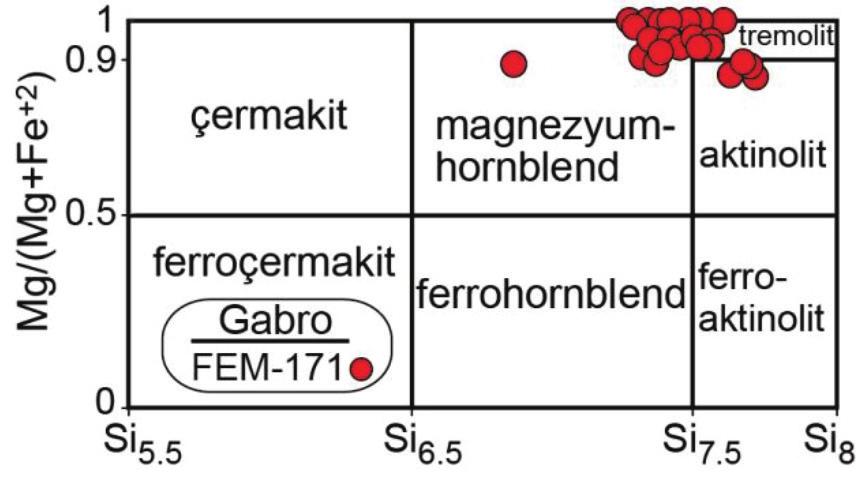 Çelik / Yerbilimleri, 2016, 37 (3), 217-236 227 Şekil 5. Küre Karmaşığı gabrosuna ait amfibollerin kimyasal bileşimleri (Leake vd. (1997) ne göre hazırlanmıştır.). Figure 5.