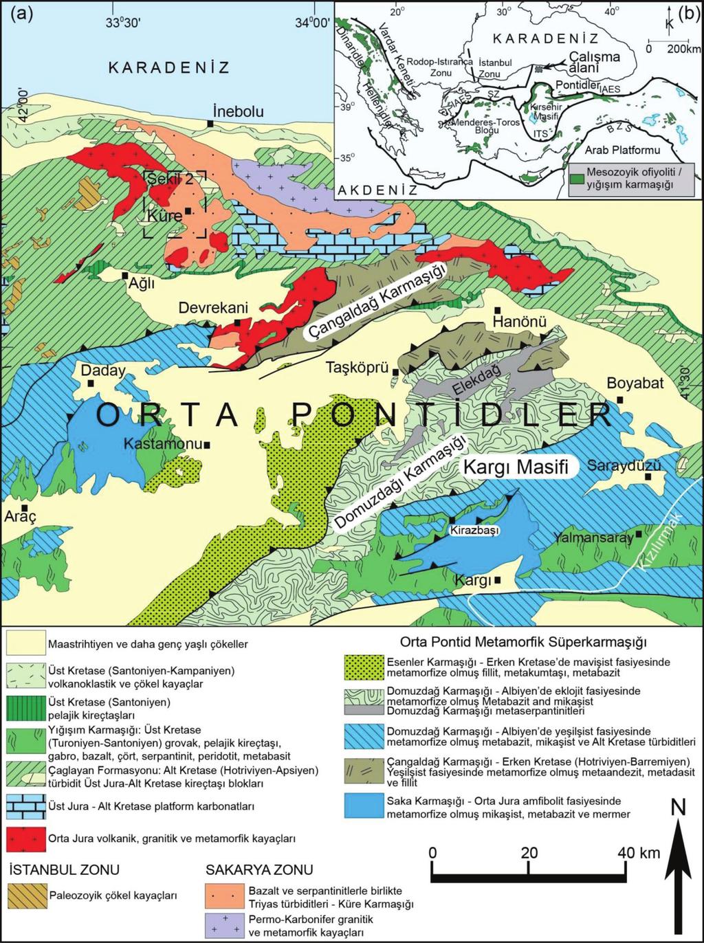 Çelik / Yerbilimleri, 2016, 37 (3), 217-236 219 Şekil 1. a) Orta Pontid lerin doğu kesiminin jeoloji haritası (Okay vd., 2013 ve Çelik vd., 2016 dan değiştirilerek alınmıştır.