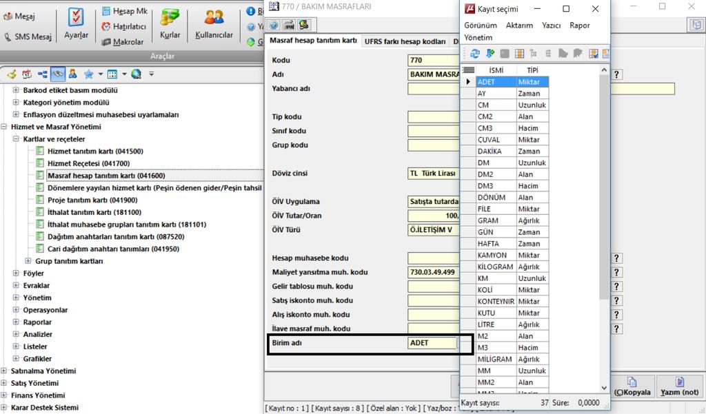 Masraf Kartlarında tanıtım kartı ekranının en alt satırında ; Mal ve hizmetlere ait birimler ve birim kartlarında uluslar arası birim karşılık kodları seçilmiş olmalıdır.