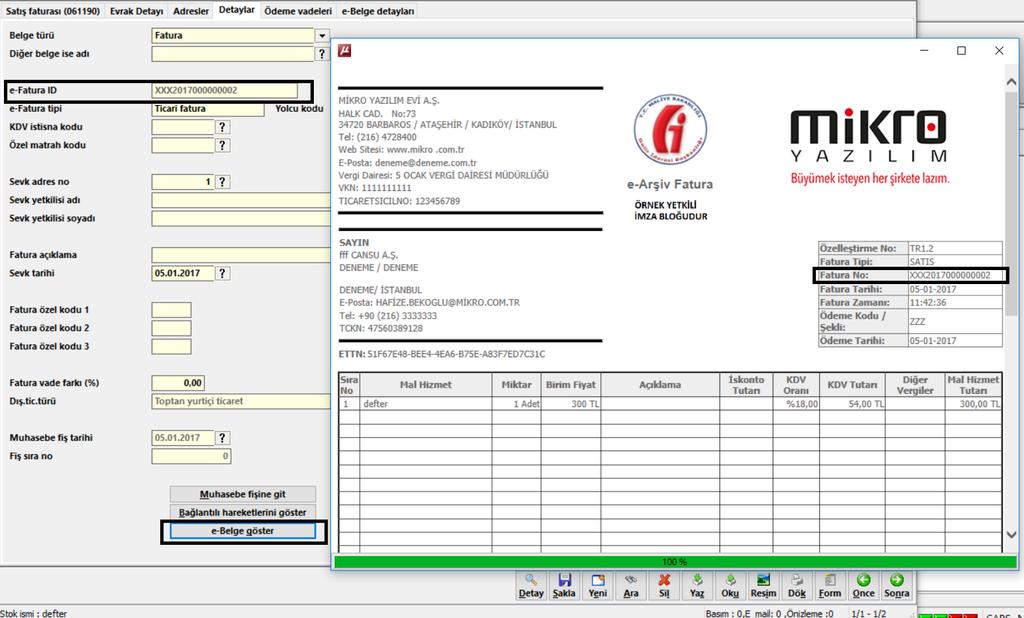 Bir sonraki adımda fatura GİB nosu atanmış haliyle gösterilir.
