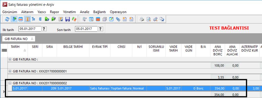 Satış faturaları yönetimi (368032) ekranından gönderileceği zaman bu Numara ile