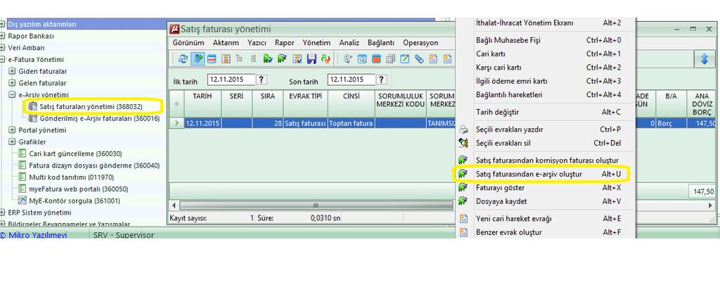 Bu yönetim ekranında e-arşiv sistemine göndermeden önce Dosyaya Kaydet seçeneği ile xml olarak kaydedebilir, görüntüleyebilir, silme veya