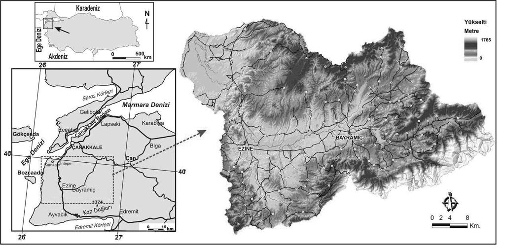 Şekil 1. Araştırma alanının Çanakkale ili sınırları içerisindeki konumu. Figure 1. Research area location in Çanakkale Province.