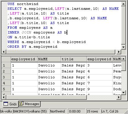 SELF-JOINS Bir tablodaki aynı değerleri içeren farklı satırları listelemek istediğimizde o tabloyu kendisi ile birleştiririz. Örnek: Aşağıdaki örnek görevi(job title) aynı olan çalışanları listeler.