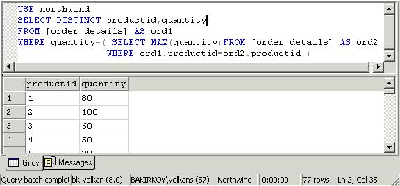 SELECT DISTINCT productid,quantity FROM [order details] AS ord1 WHERE