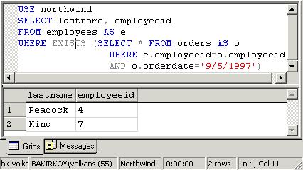 Sorgu 1: SELECT lastname, employeeid FROM employees AS e WHERE EXISTS (SELECT * FROM orders AS o WHERE e.employeeid=o.employeeid AND o.