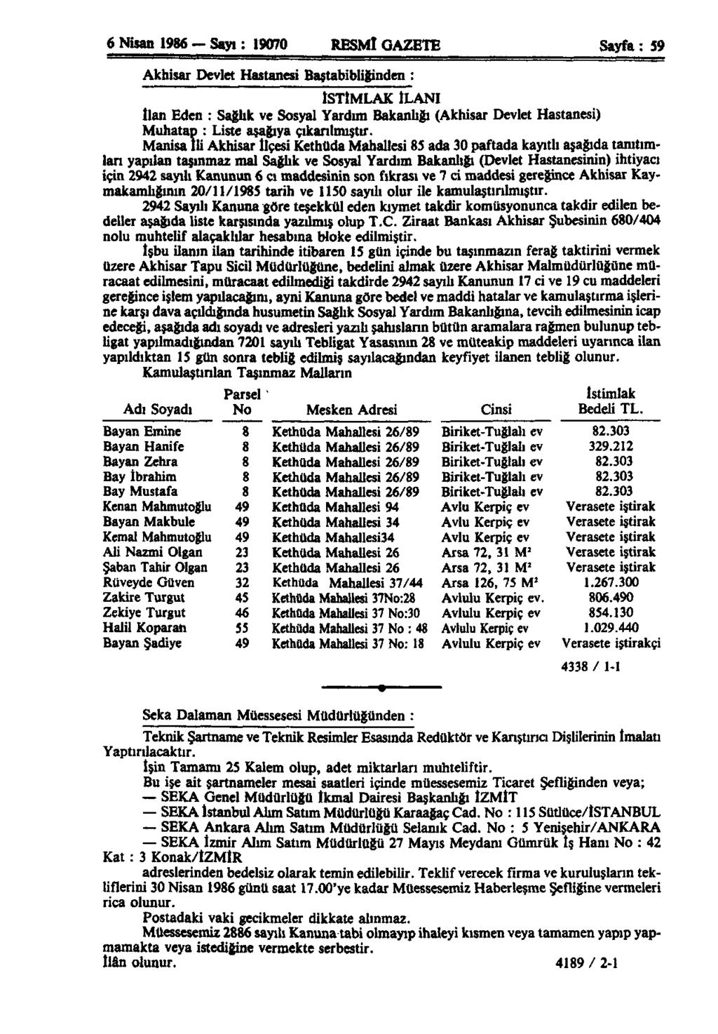6 Nisan 1986 Sayı: 19070 RESMİ GAZETE Sayfa: 59 Akhisar Devlet Hastanesi Baştabibliginden : İSTİMLAK İLANI İlan Eden : Sağlık ve Sosyal Yardım Bakanlığı (Akhisar Devlet Hastanesi) Muhatap : Liste