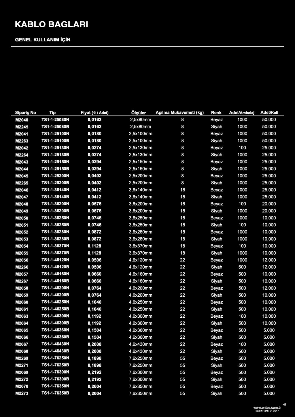 000 M2042 TS1-1-25130N 0,0274 2,5x130mm 8 Beyaz 100 25.000 M2264 TS1-1-25130B 0,0274 2,5x130mm 8 Siyah 1000 25.000 M2043 TS1-1-25150N 0,0294 2,5x150mm 8 Beyaz 1000 25.