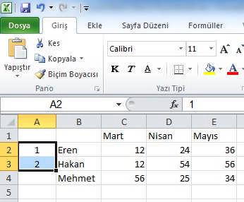 9 da gösterildiği gibi listenin ilk iki hücresi yazılarak seçilir.