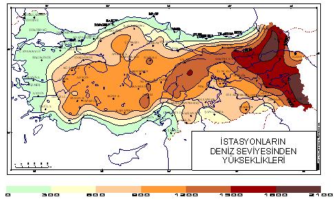 0 50 EK 2 Araştırmada kullanılan iklim parametrelerin uzun yıllar (1977-2006) Türkiye geneli dağılım haritaları Şekil 1 İstasyonların deniz seviyesinden yükseklikleri (m) 28 32 36 40 44 KIRKLARELİ