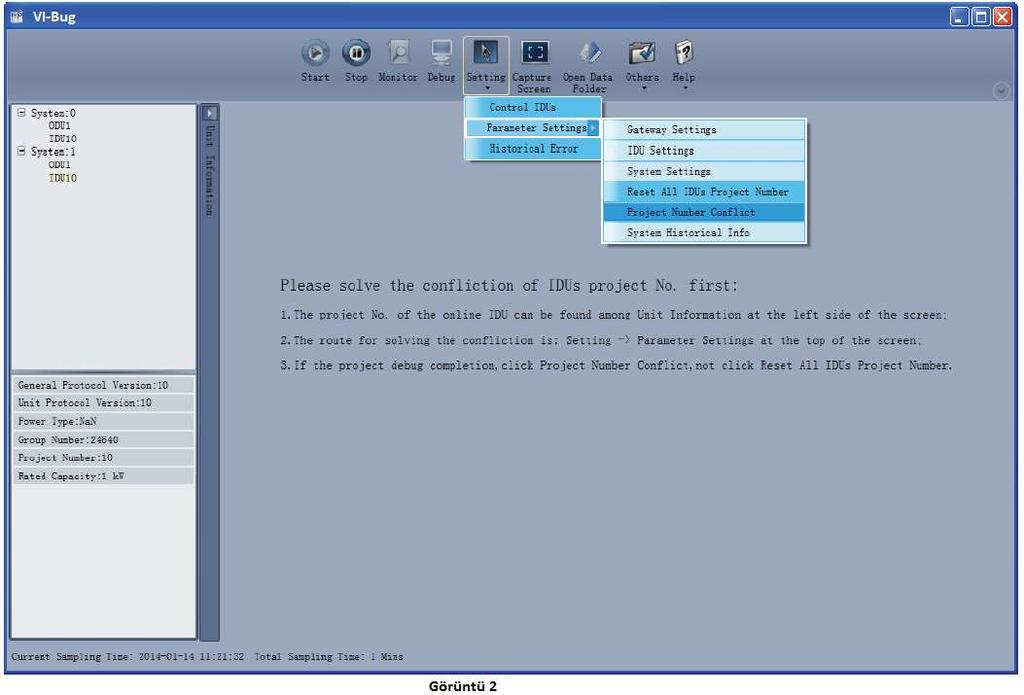 Adres çakışmasını düzeltmek için aşağıda gösterildiği gibi; Setting -> Parameter