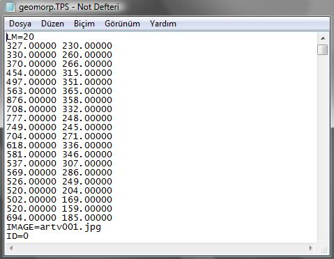 Şekil 3.7 TpsDig programı ile oluşturulan landmark noktalarının koordinatlarının tps dosyası 3.4.