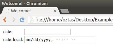 datetime-local input alanının kullanımı aşağıdaki gibidir. <input type="datetime-local" name="datetimelocal"> datetime ve datetime-local input alanlarının görünüşleri aşağıdaki gibi olacaktır. 6.1.