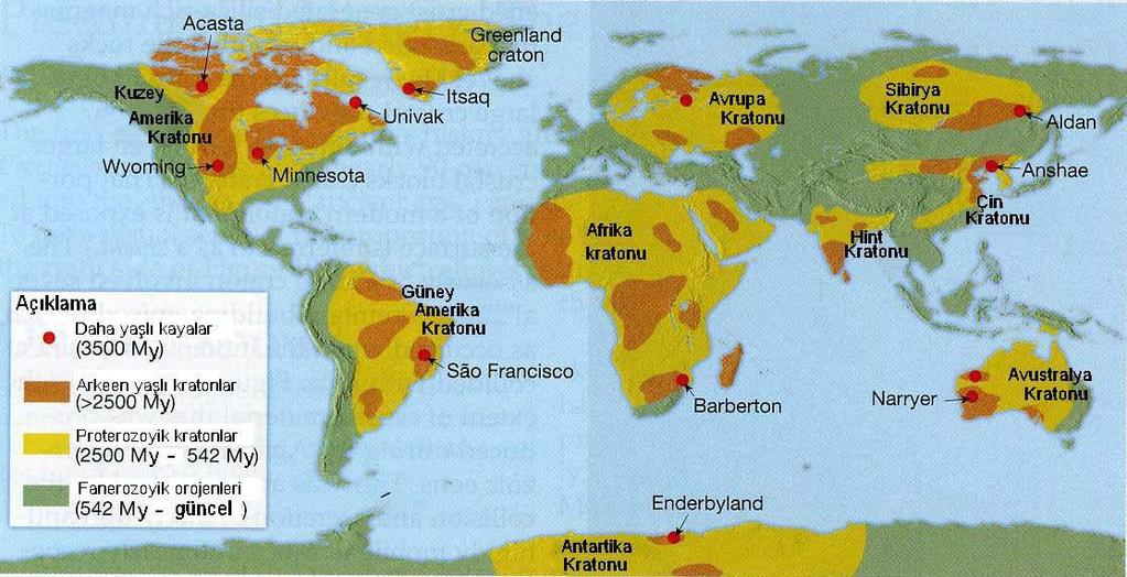 Bugünkü Kıta Yapıları Arkeen ve Proterozoyik zamanlarında oluşan ve bu