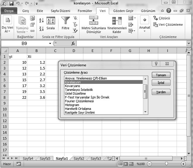 EXCEL UYGULAMALARI Excel de regresyon analznn yapılablmes çn ver çözümleme nn kurulu olması gerekr. Her zaman olduğu gb yen br çalışma sayfası açılarak önce verler grlr. Örnek uygulama çn Tablo 8.