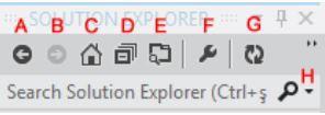 Solution Explorer panelinin üst tarafında seçili dosya üzerinde basit işlemler yapmak için bazı ögeler vardır. Bunlar; A. Back: Arama işlemi yapıldığı zaman geri gitmek için kullanılır. B. Forward: Arama işlemi yapıldığı zaman geri gitmek için kullanılır.